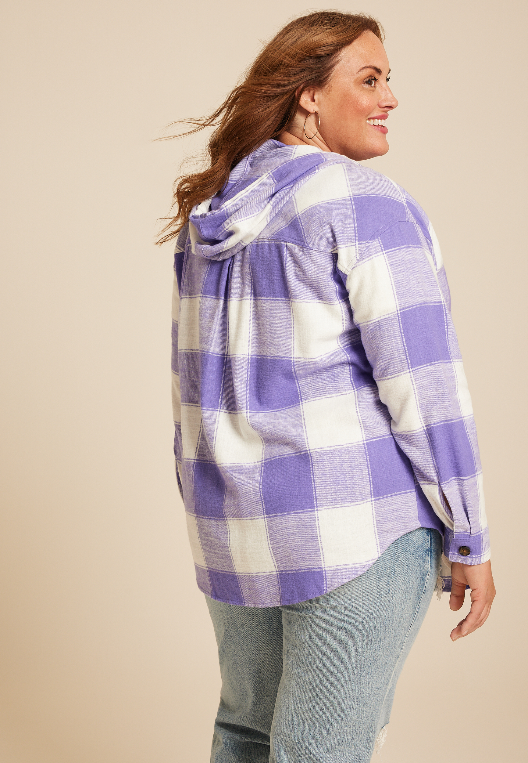 Plus Size Cabin Collegiate Plaid Hooded Button Down Shirt, C2228, large