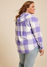 Plus Size Cabin Collegiate Plaid Hooded Button Down Shirt, C2228, small