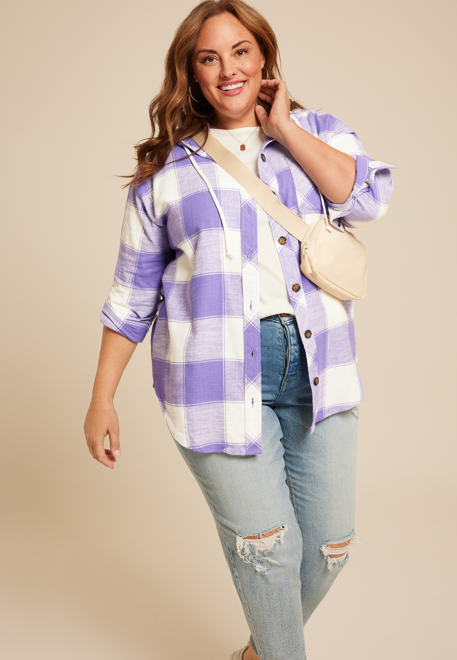Plus Size Cabin Collegiate Plaid Hooded Button Down Shirt, C2228, large