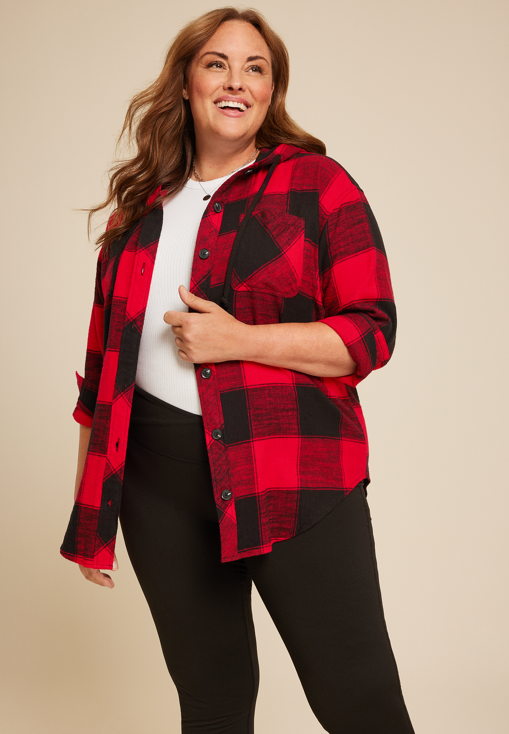 Plus Cabin Collegiate Plaid Hooded Button Down Shirt