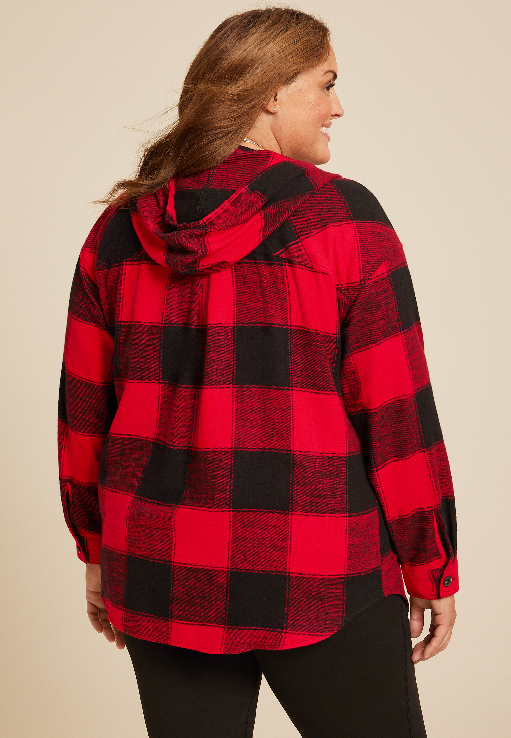 Plus Cabin Collegiate Plaid Hooded Button Down Shirt