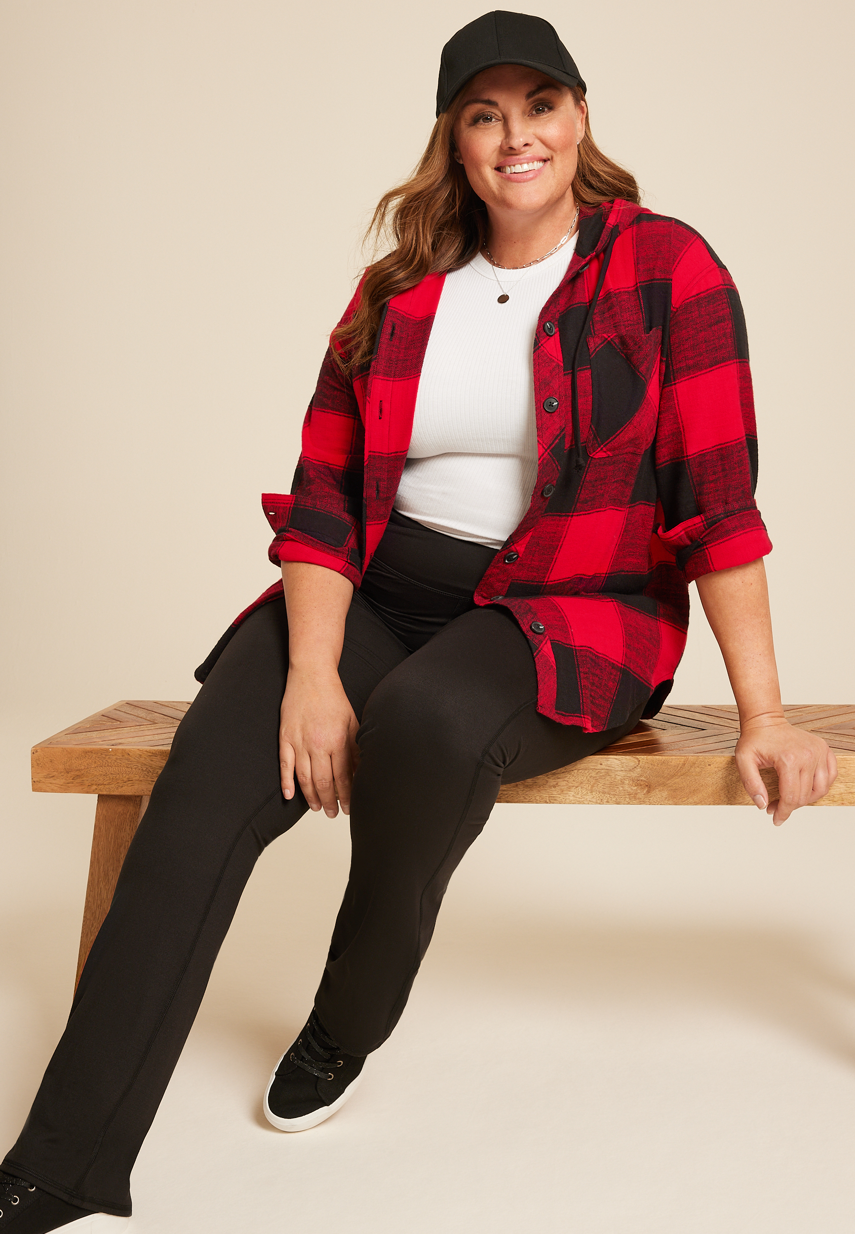 Plus Cabin Collegiate Plaid Hooded Button Down Shirt