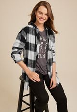 Cabin Collegiate Plaid Hooded Button Down Shirt, BLACK COMBO, small
