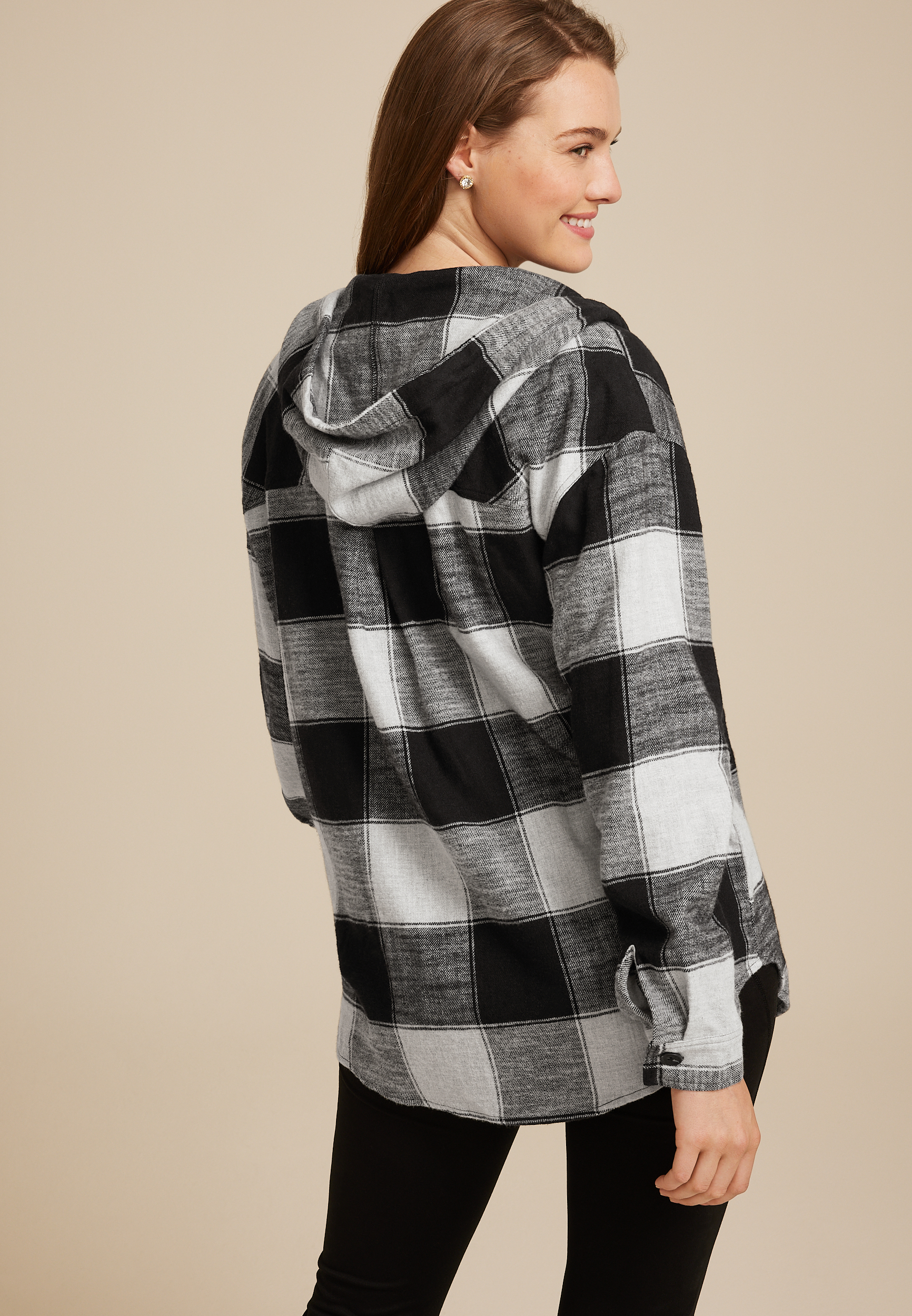 Cabin Collegiate Plaid Hooded Button Down Shirt, BLACK COMBO, large
