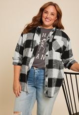 Plus Size Cabin Collegiate Plaid Hooded Button Down Shirt, BLACK COMBO, small