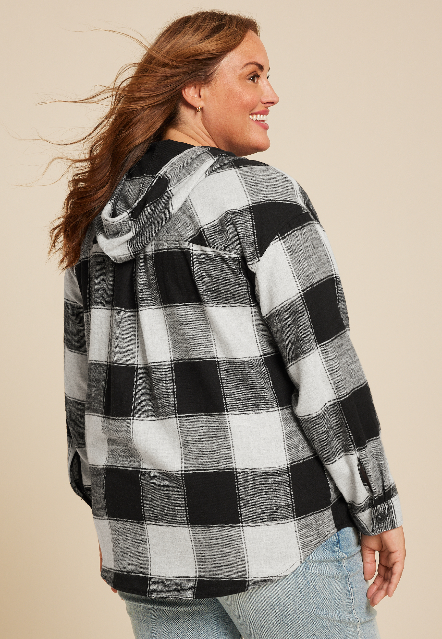 Plus Size Cabin Collegiate Plaid Hooded Button Down Shirt, BLACK COMBO, large