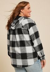 Plus Size Cabin Collegiate Plaid Hooded Button Down Shirt, BLACK COMBO, small