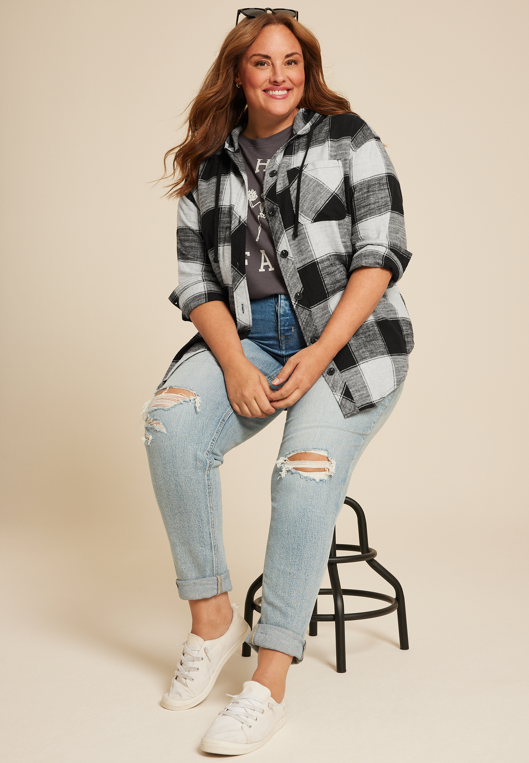 Plus Size Cabin Collegiate Plaid Hooded Button Down Shirt, BLACK COMBO, large