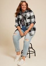 Plus Size Cabin Collegiate Plaid Hooded Button Down Shirt, BLACK COMBO, small