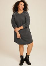 Plus Size Studded Sweatshirt Dress, CHARCOAL, small