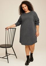 Plus Size Studded Sweatshirt Dress, CHARCOAL, small