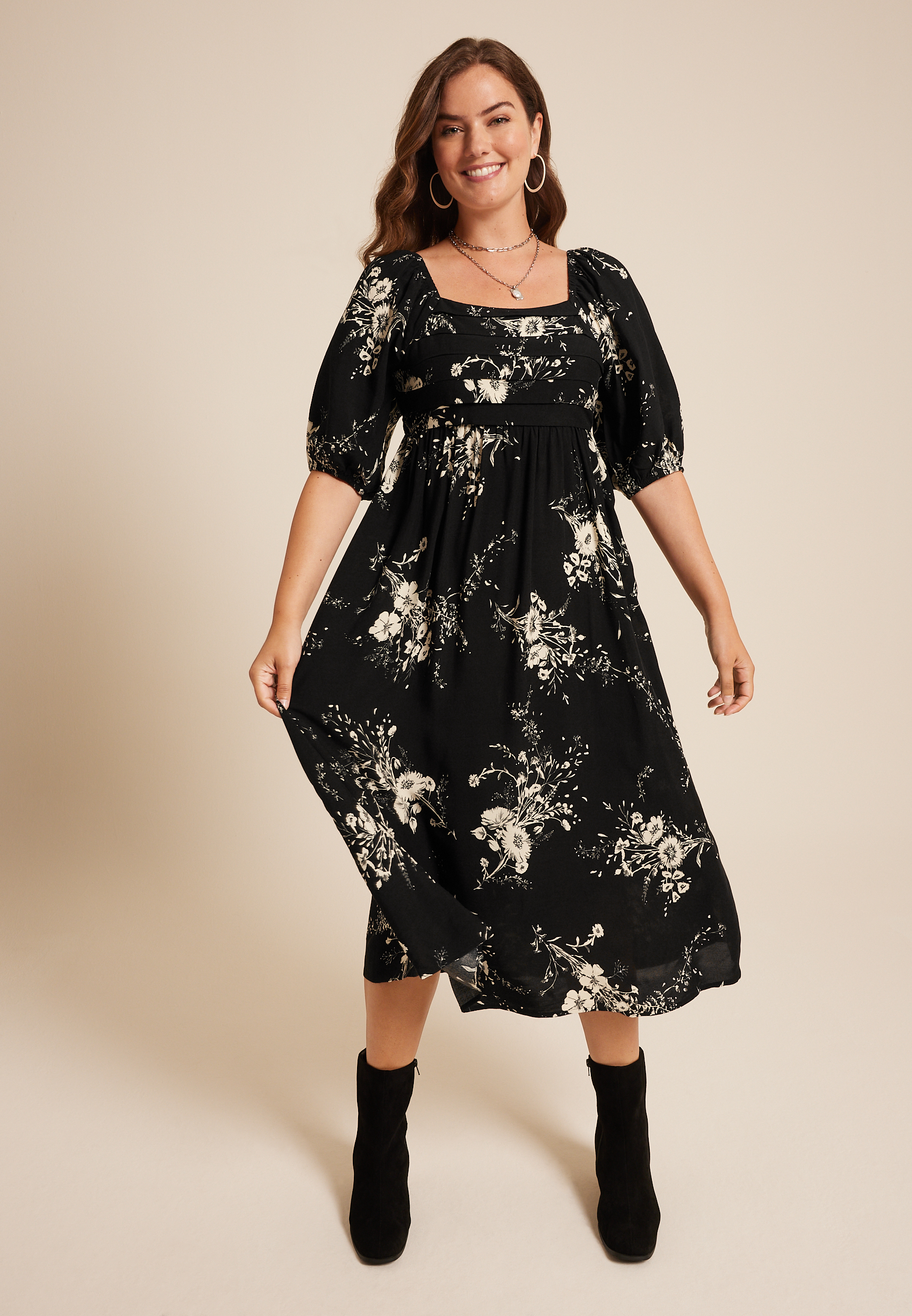 Floral Pleated Bodice Midi Dress