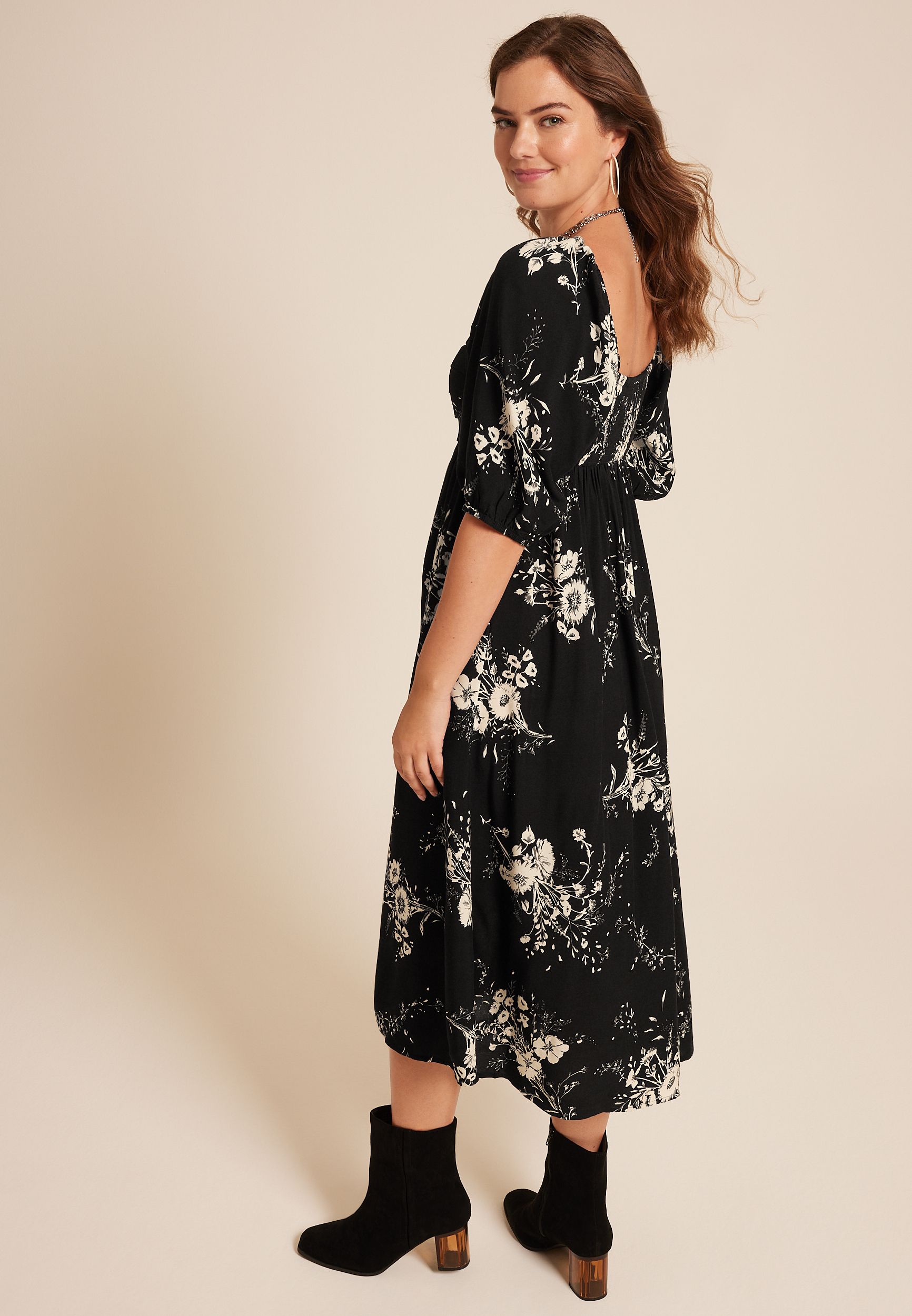 Floral Pleated Bodice Midi Dress, BLACK COMBO, large