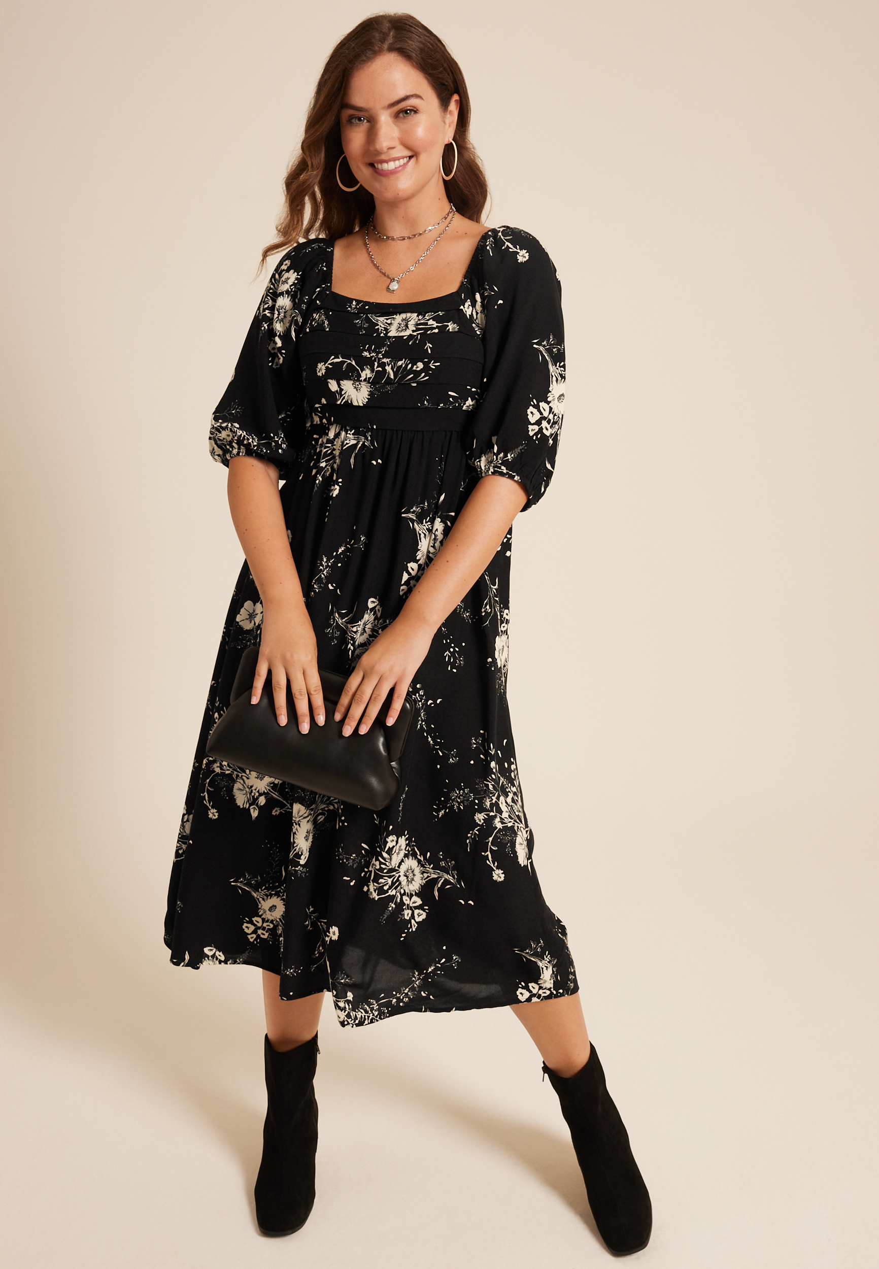 Floral Pleated Bodice Midi Dress, BLACK COMBO, large