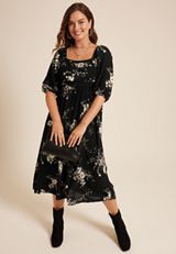Floral Pleated Bodice Midi Dress, BLACK COMBO, small
