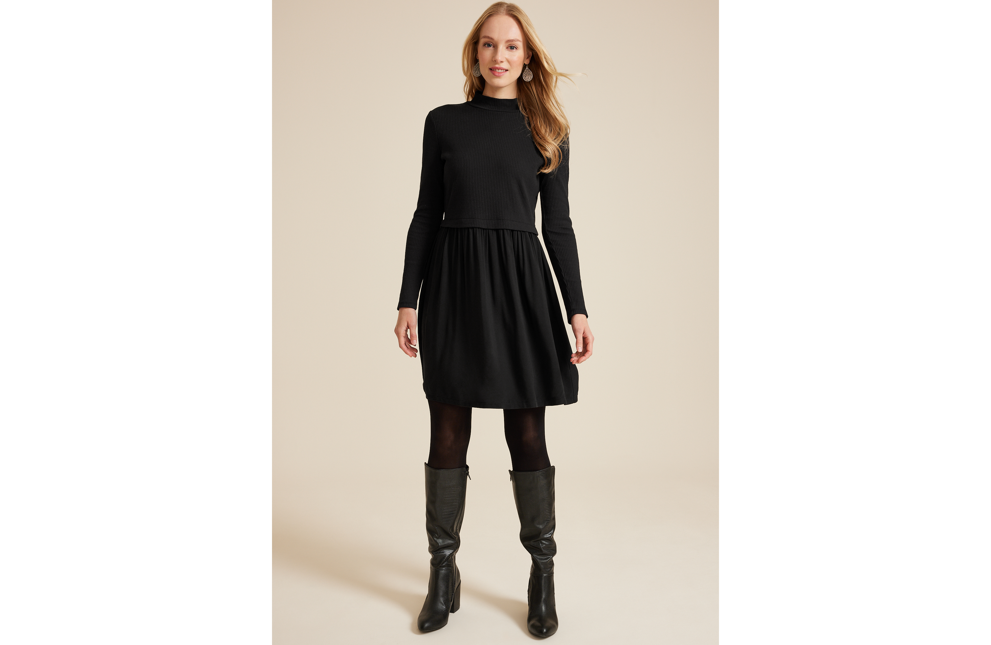 Mixed Fabric Mock Neck Mini Dress