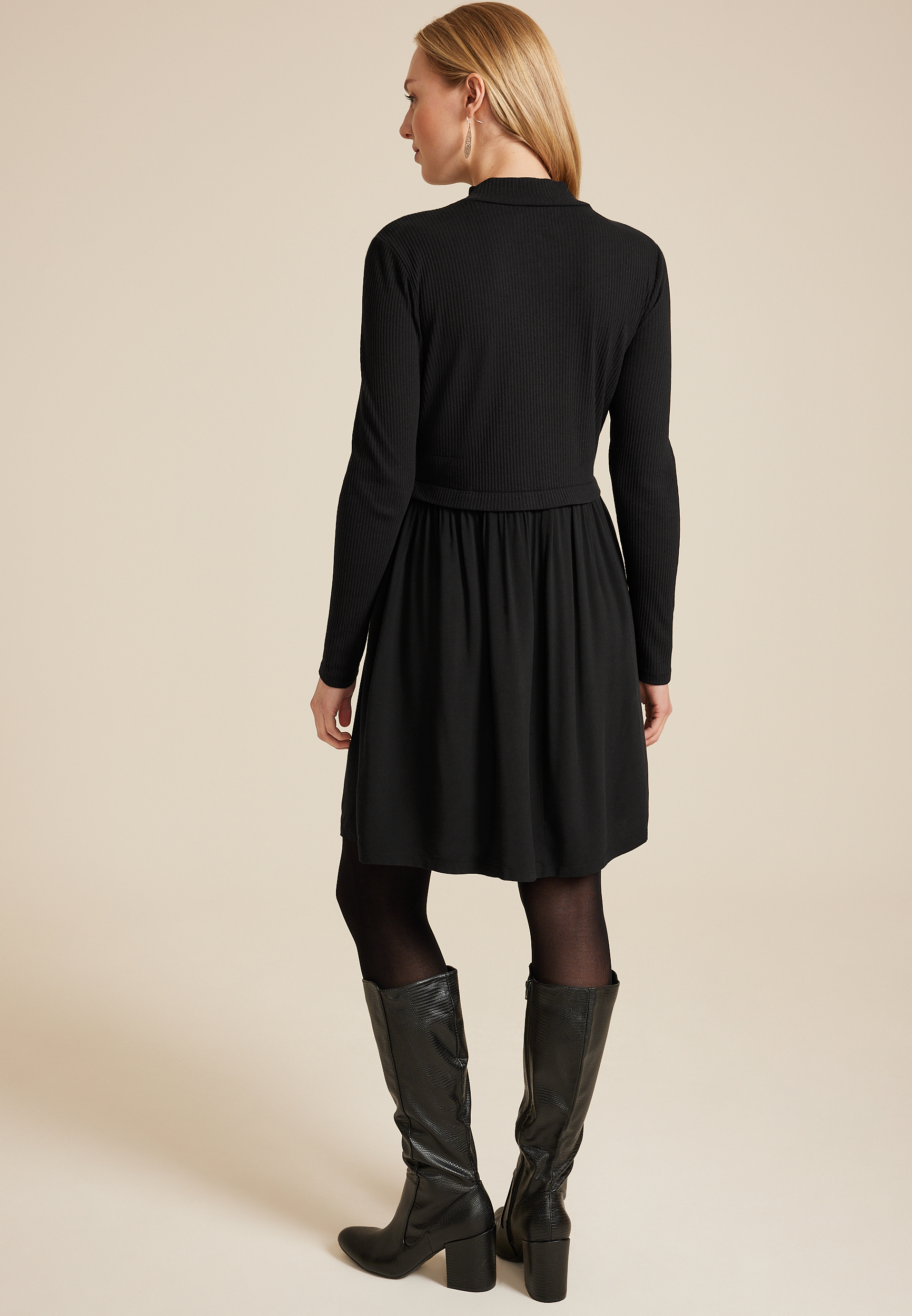 Mixed Fabric Mock Neck Mini Dress