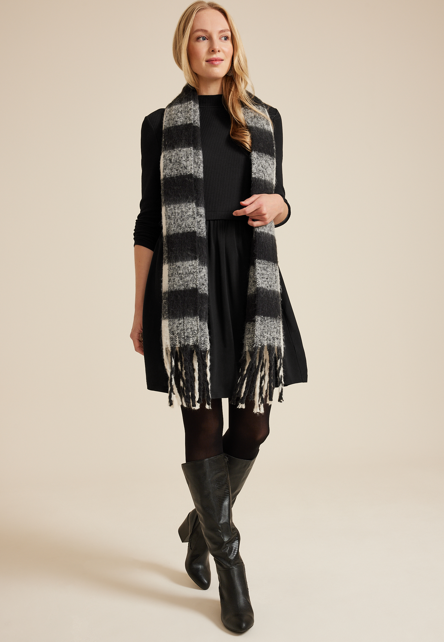 Mixed Fabric Mock Neck Mini Dress