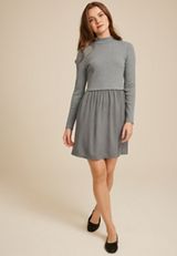 Mixed Fabric Mock Neck Mini Dress, C2820, small