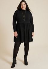 Plus Size Mixed Fabric Mock Neck Mini Dress, C106, small