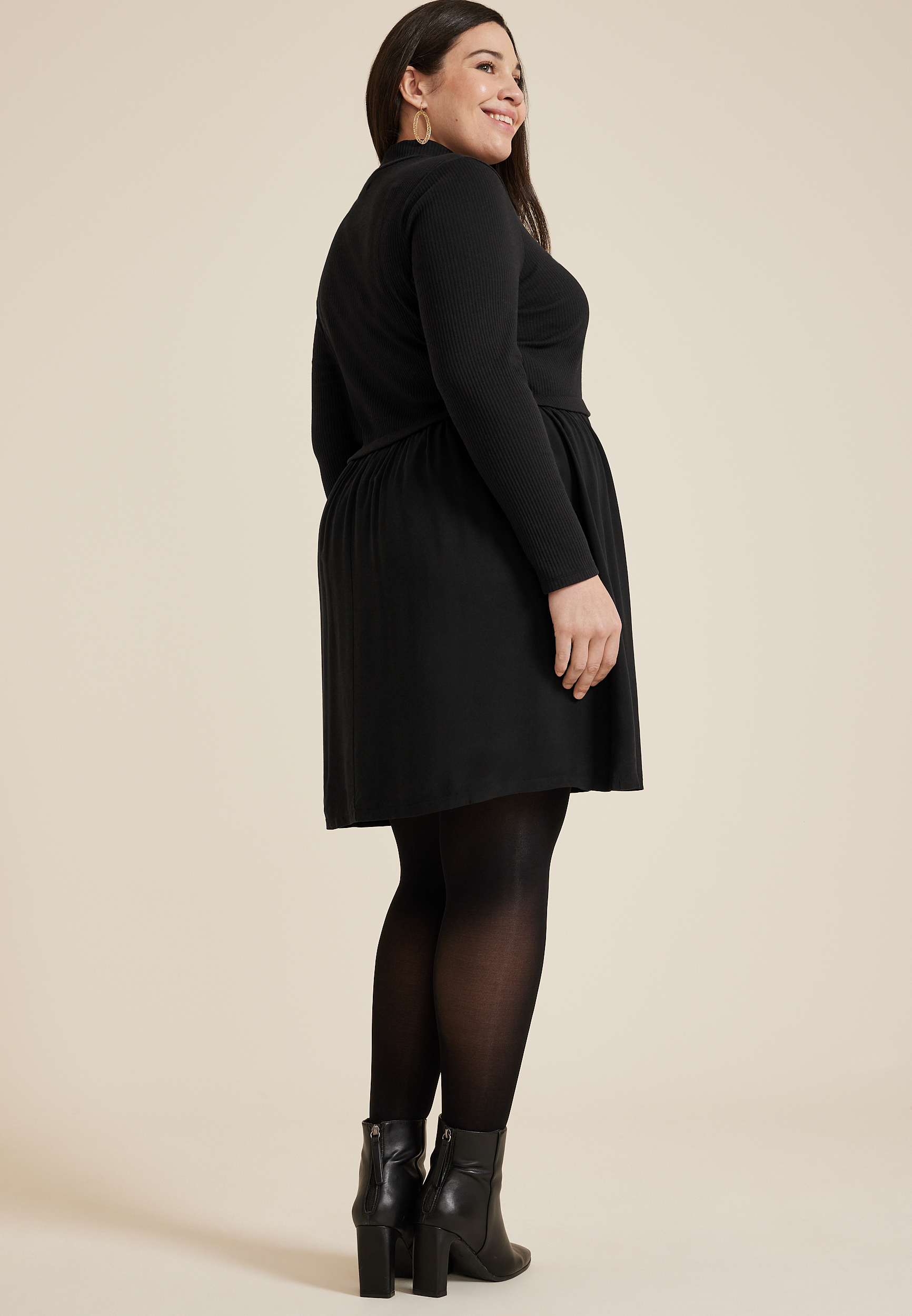 Plus Size Mixed Fabric Mock Neck Mini Dress, C106, large