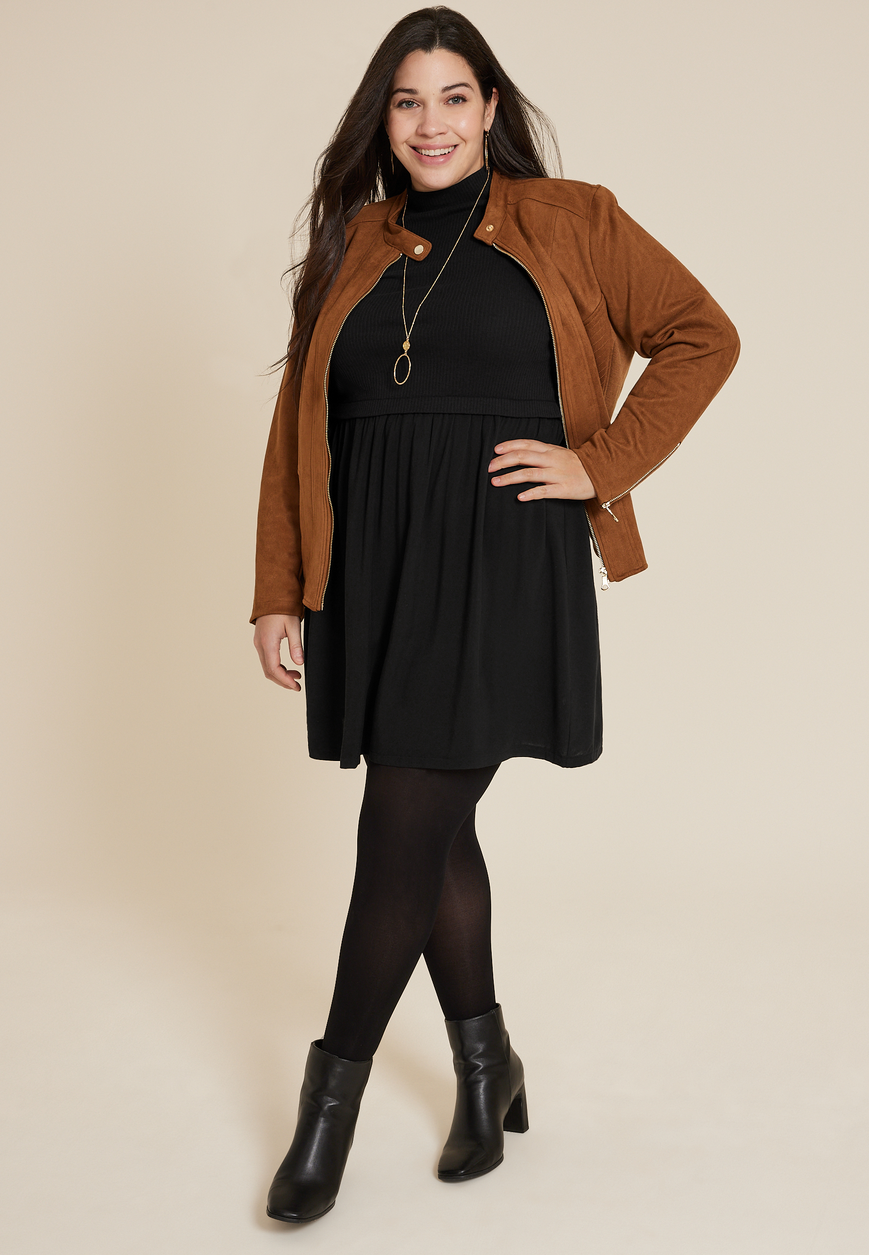 Plus Size Mixed Fabric Mock Neck Mini Dress, C106, large