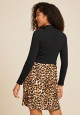 Floral Mixed Fabric Mock Neck Mini Dress, C773, small