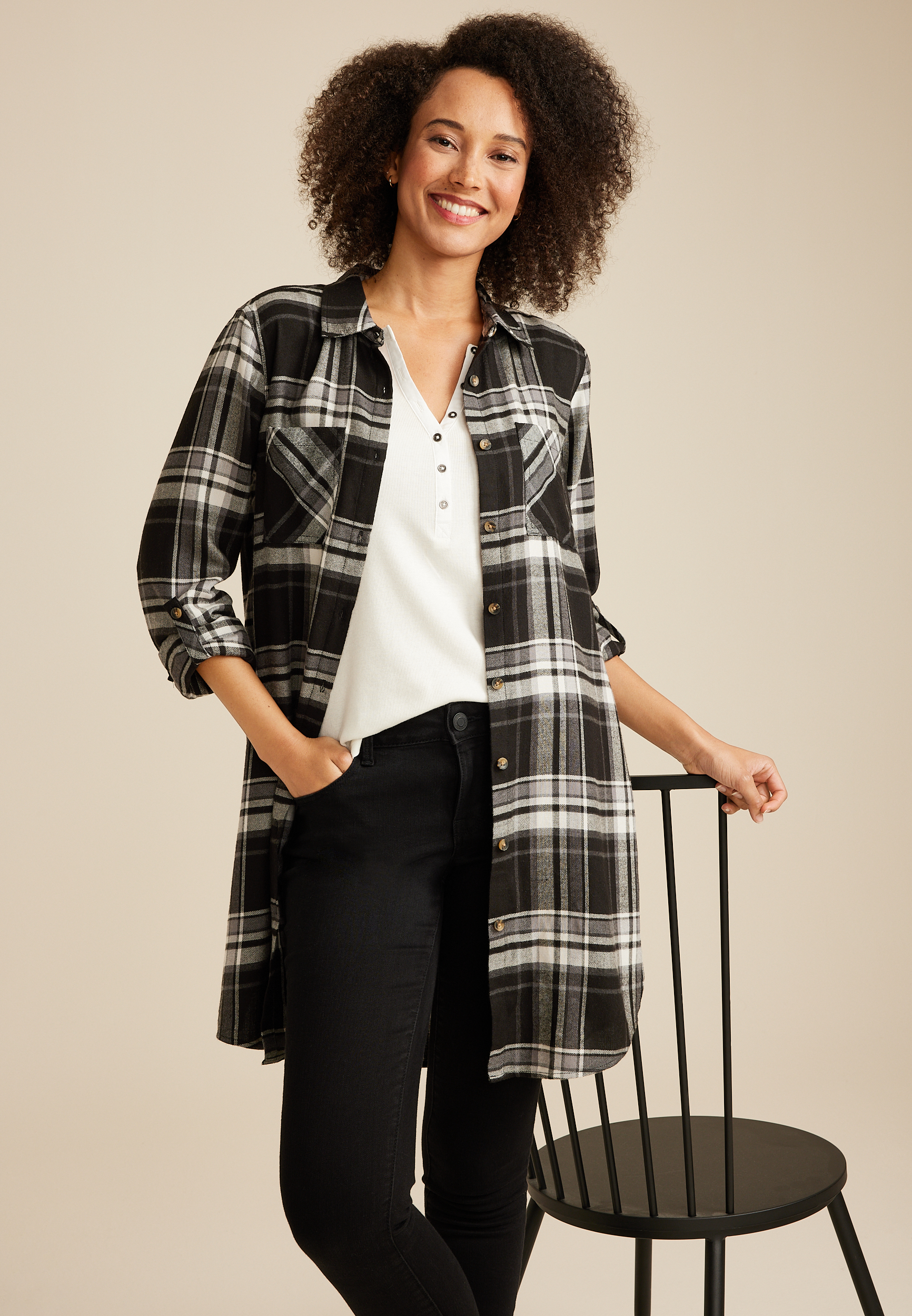 Plaid Button Down Duster Shirt