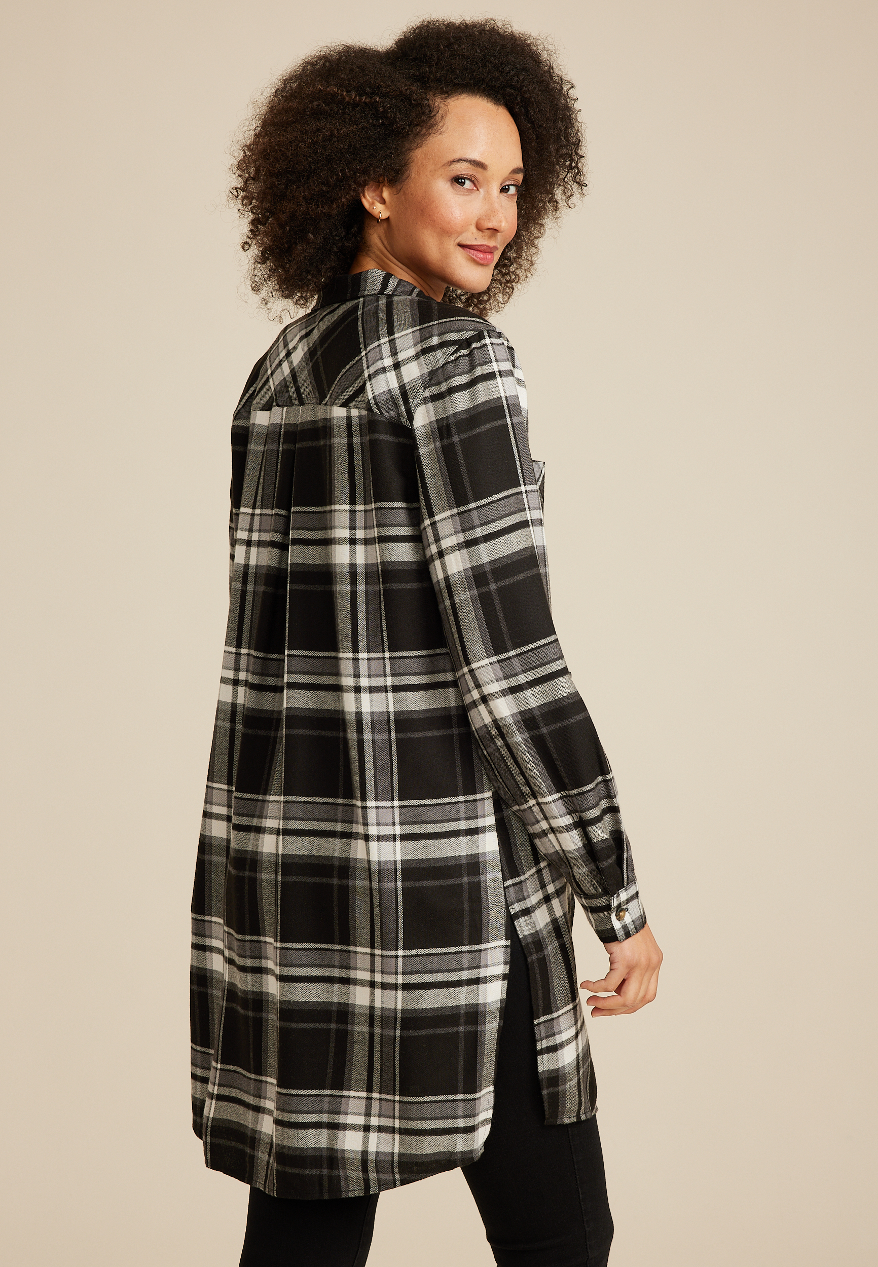 Plaid Button Down Duster Shirt, C1756, large