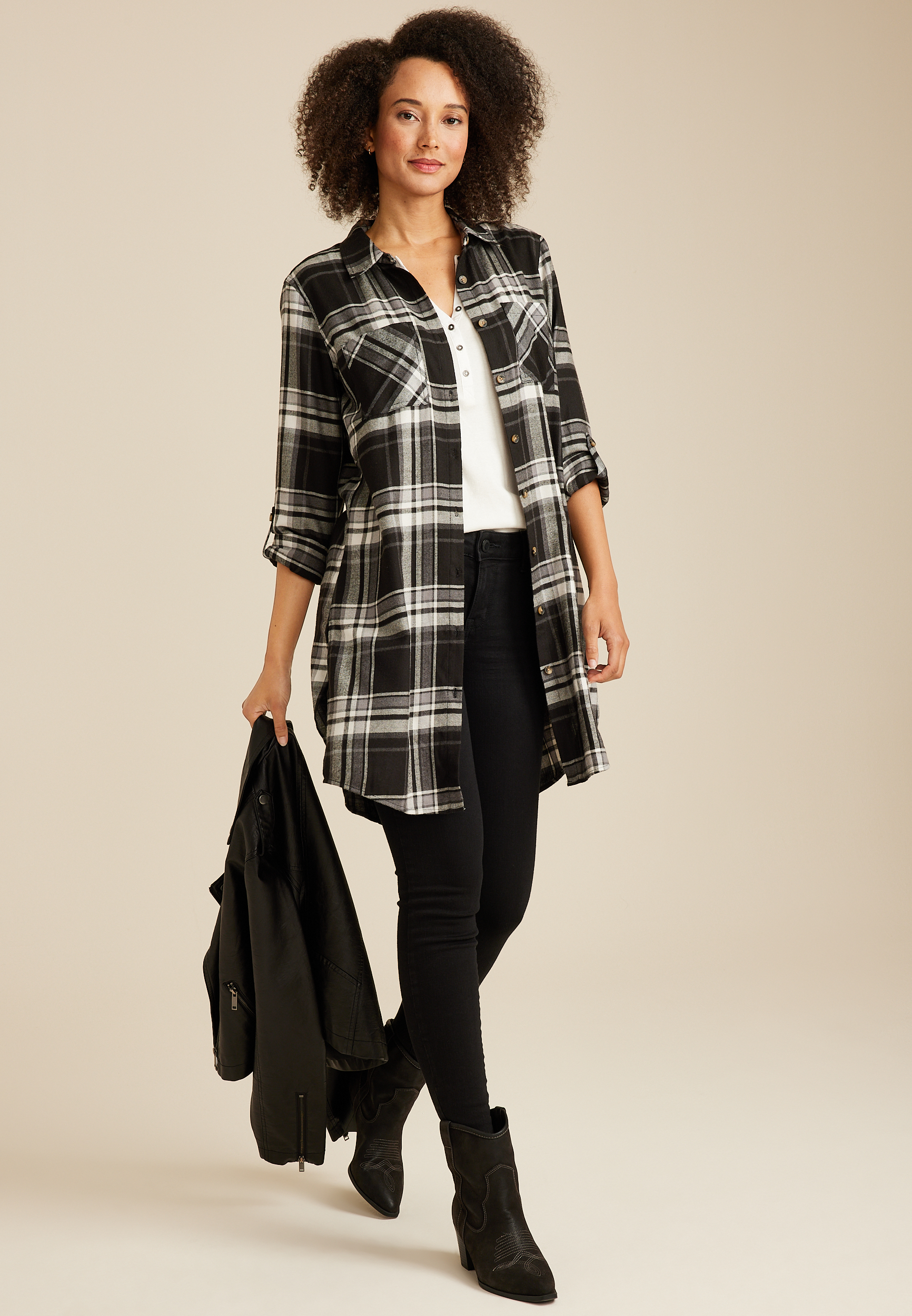 Plaid Button Down Duster Shirt, C1756, large