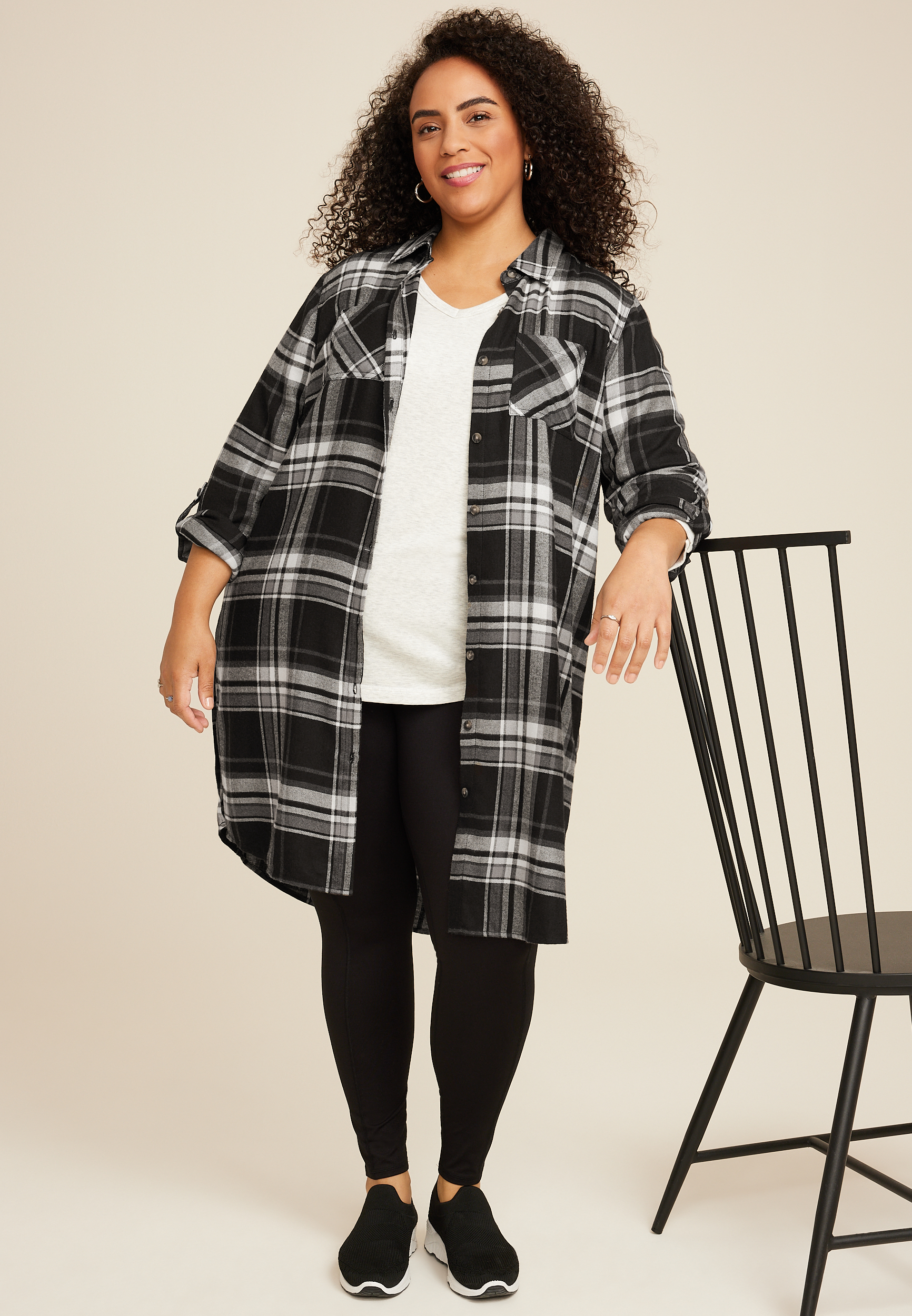 Plus Size Plaid Button Down Duster Shirt, C1756, large