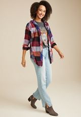 Cabin Plaid Boyfriend Hooded Button Down Shirt, C1524, small