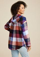 Cabin Plaid Boyfriend Hooded Button Down Shirt, C1524, small