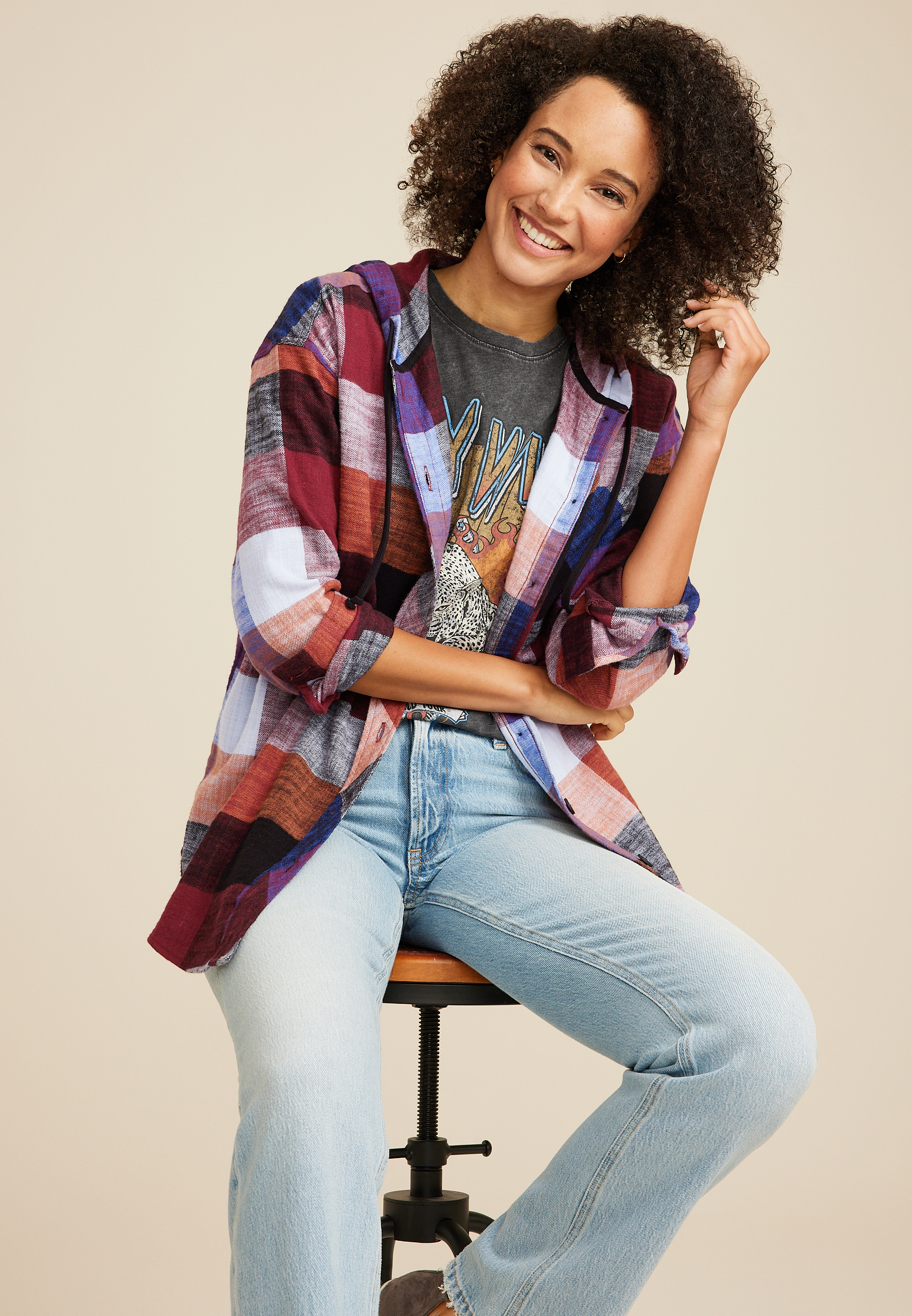 Cabin Plaid Boyfriend Hooded Button Down Shirt, C1524, large