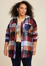 Plus Size Cabin Plaid Boyfriend Hooded Button Down Shirt, C1524, small