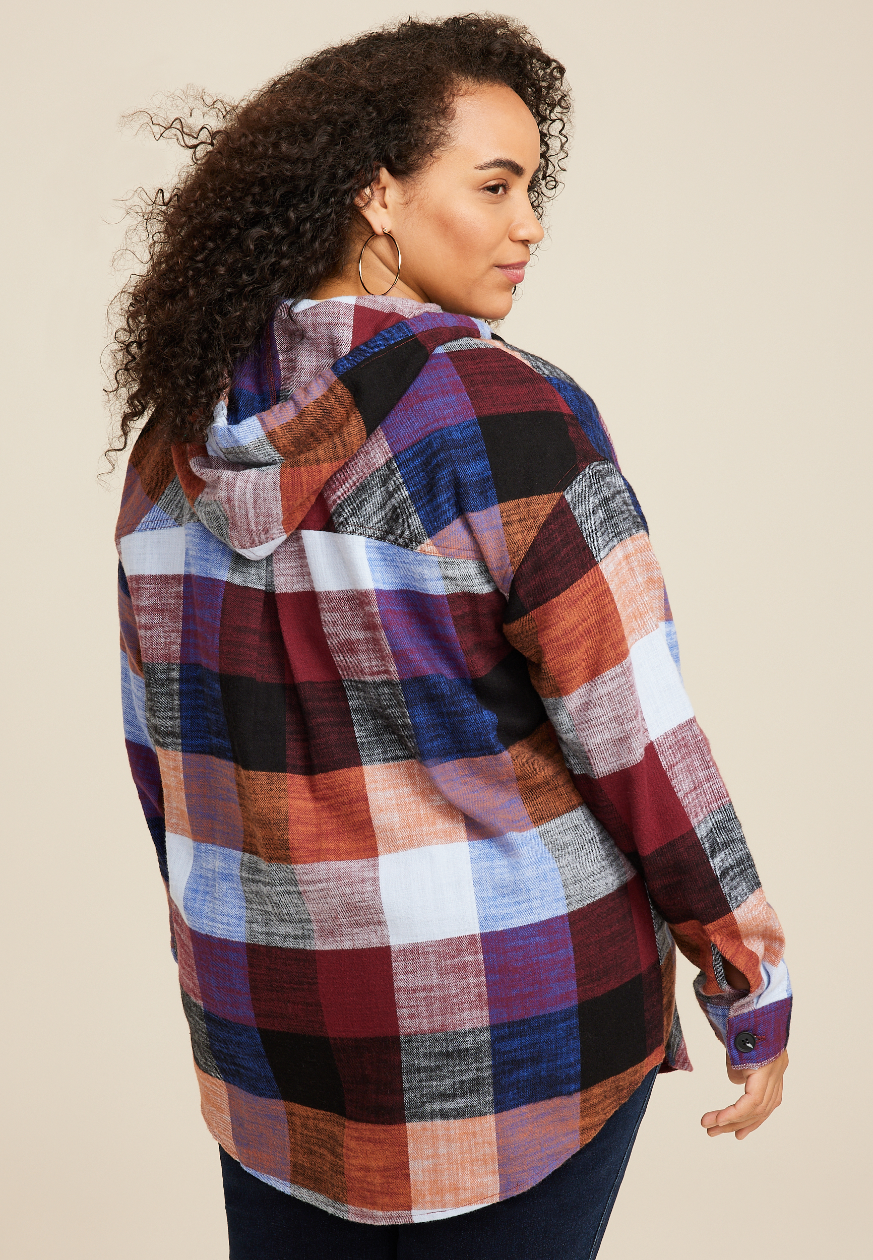 Plus Size Cabin Plaid Boyfriend Hooded Button Down Shirt, C1524, large