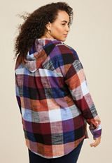 Plus Size Cabin Plaid Boyfriend Hooded Button Down Shirt, C1524, small