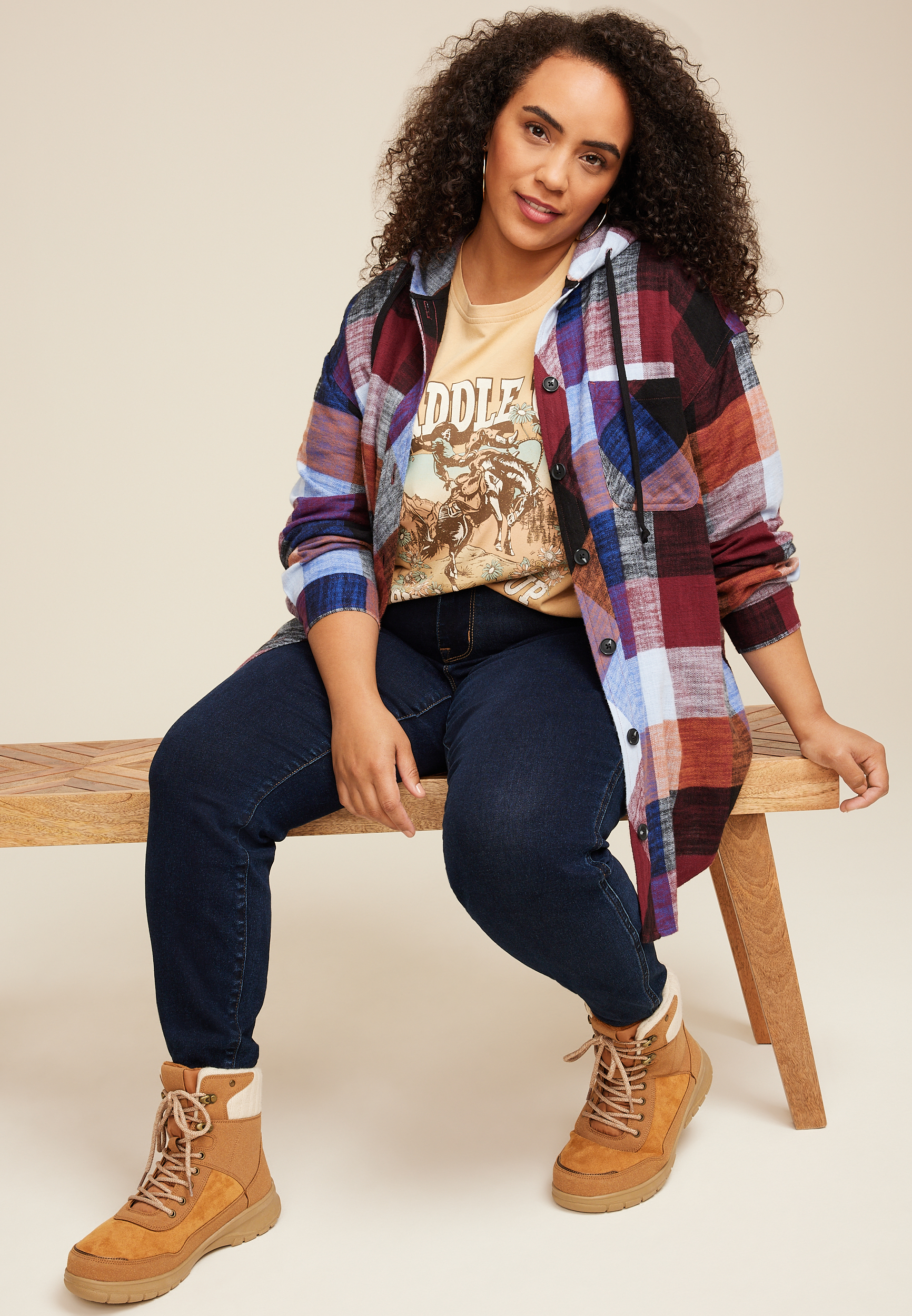 Plus Size Cabin Plaid Boyfriend Hooded Button Down Shirt, C1524, large