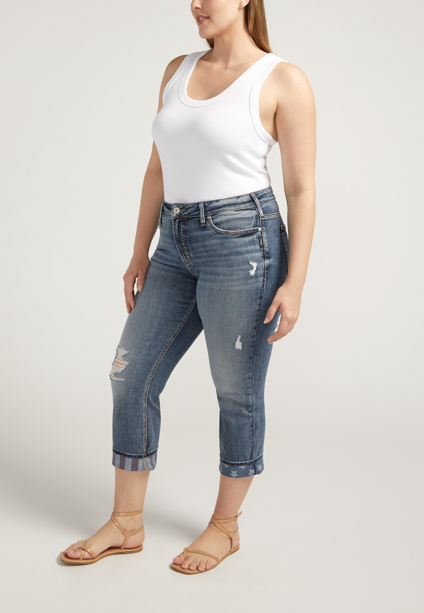Plus Size Silver Jeans Co.&reg; Suki Curvy Mid Rise Luxe Stretch Americana Cuff Capri Jean, MEDIUM SANDBLAST, large