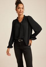 Ruffle Trim Tie Front Blouse, BLACK, small