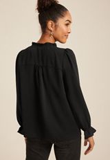 Ruffle Trim Tie Front Blouse, BLACK, small