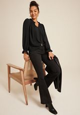 Ruffle Trim Tie Front Blouse, BLACK, small