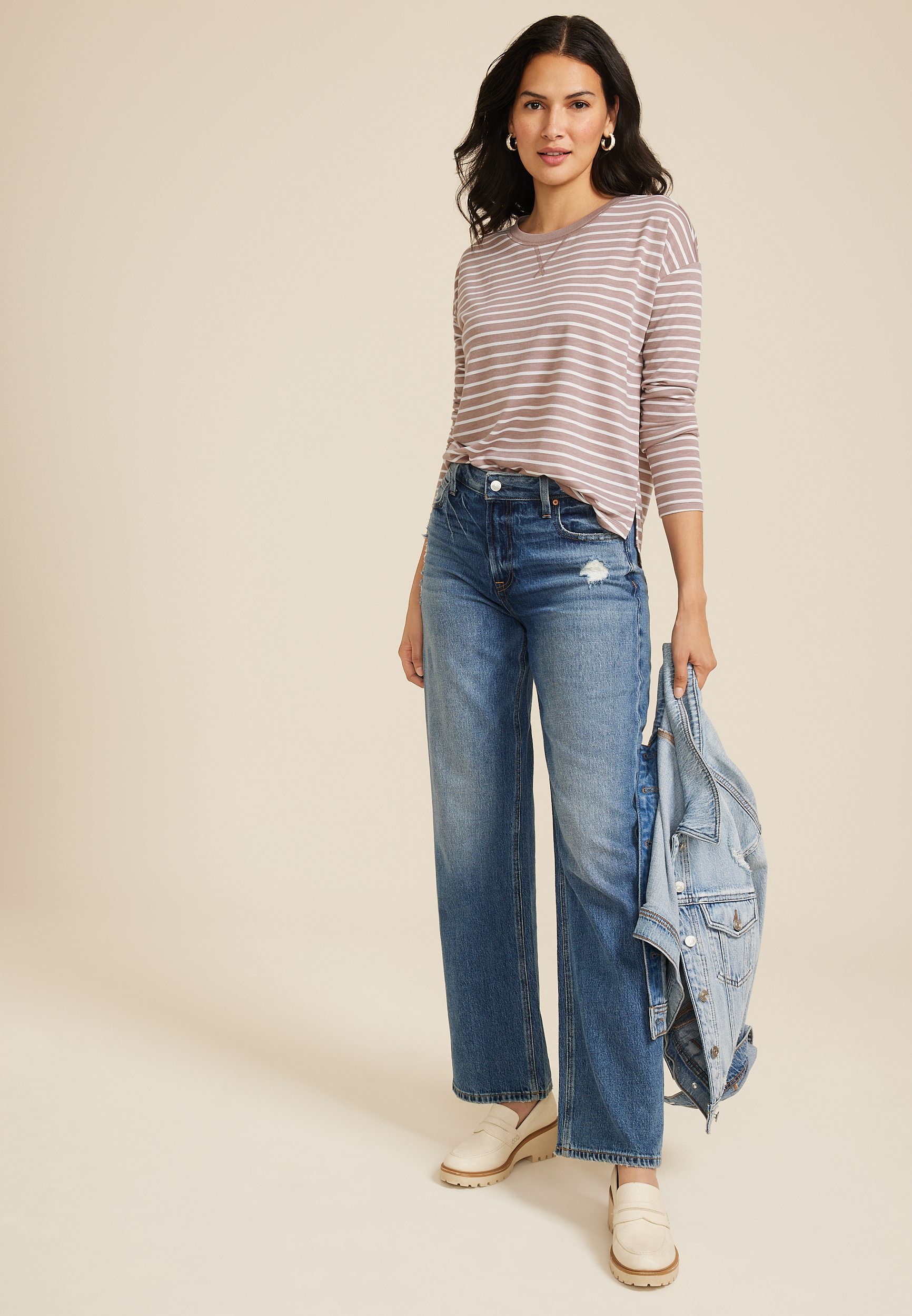 24/7 Clara Striped Long Sleeve Tee, C4108, large