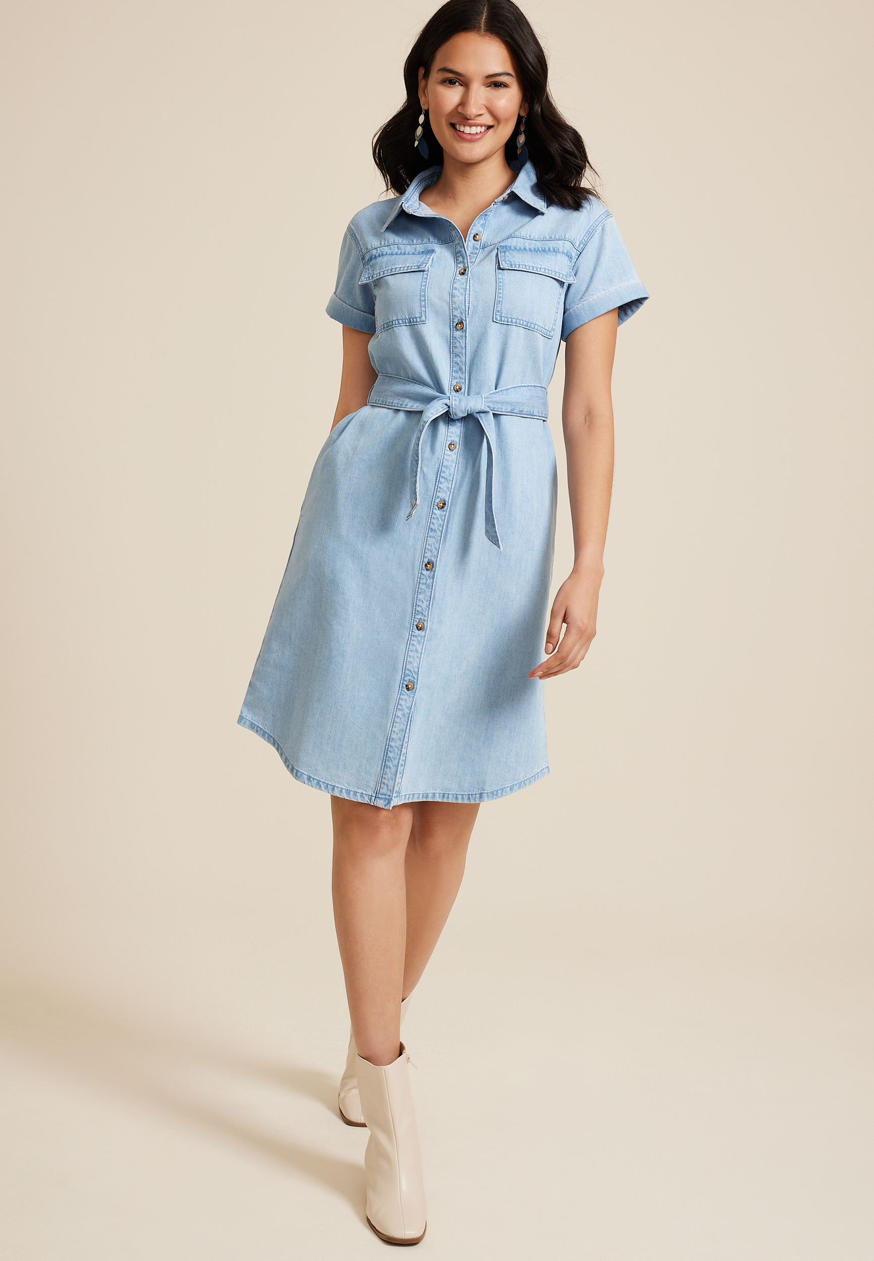 Denim Tie Waist Mini Shirt Dress