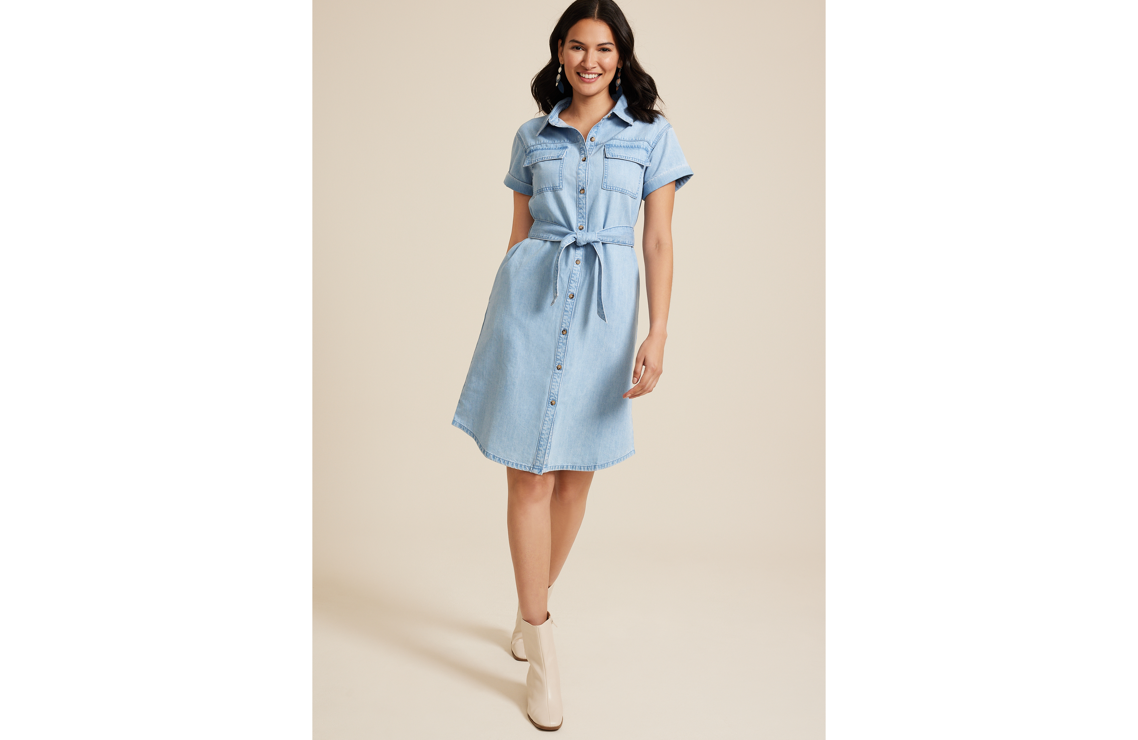 Denim Tie Waist Mini Shirt Dress