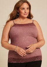 Plus Size Lace Trim Crinkle Cami, COCONUT SHELL, small