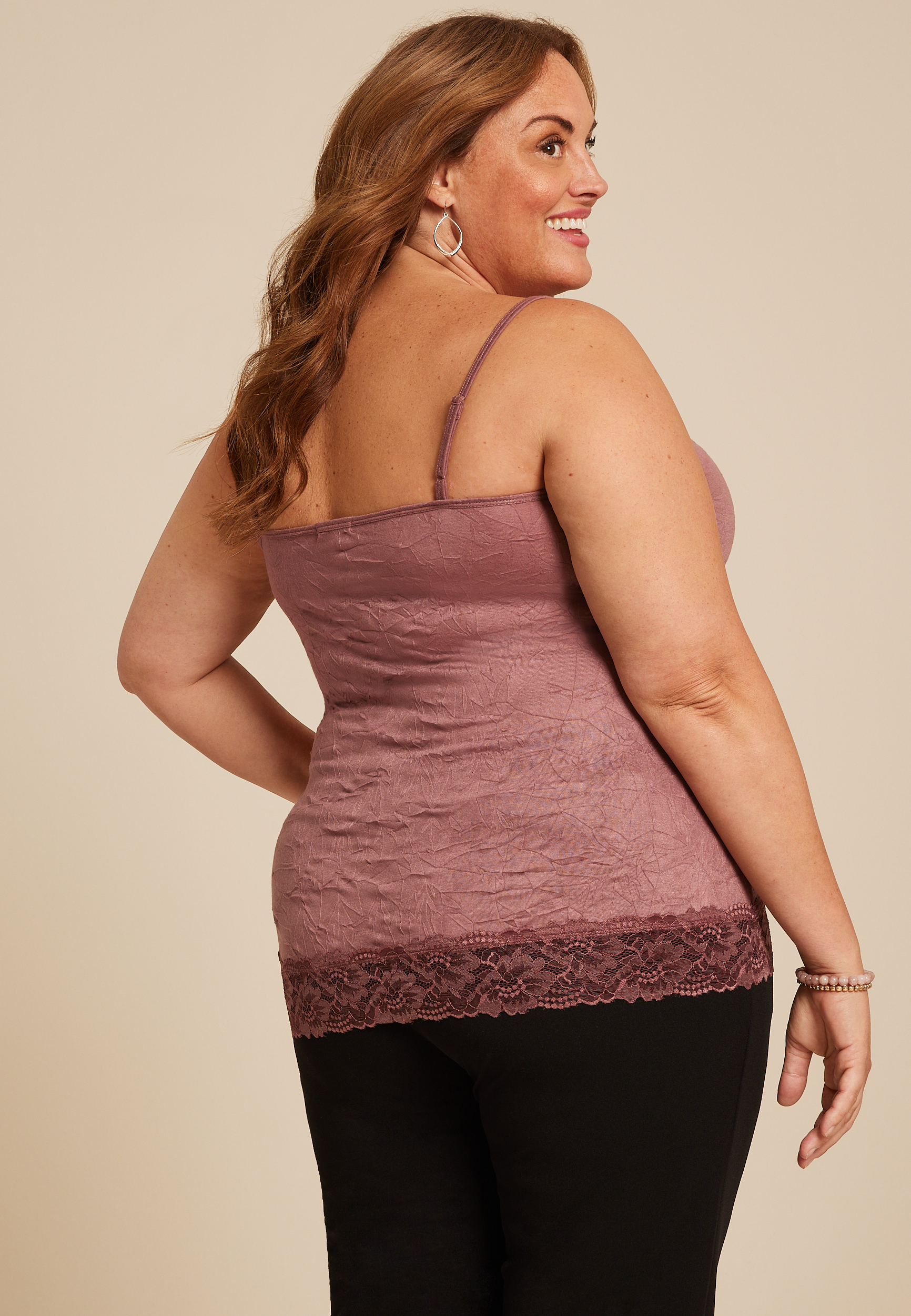 Plus Size Lace Trim Crinkle Cami, COCONUT SHELL, large