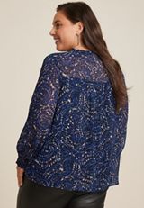 Plus Size Pleated Ruffle Trim Blouse, BLUE COMBO, small