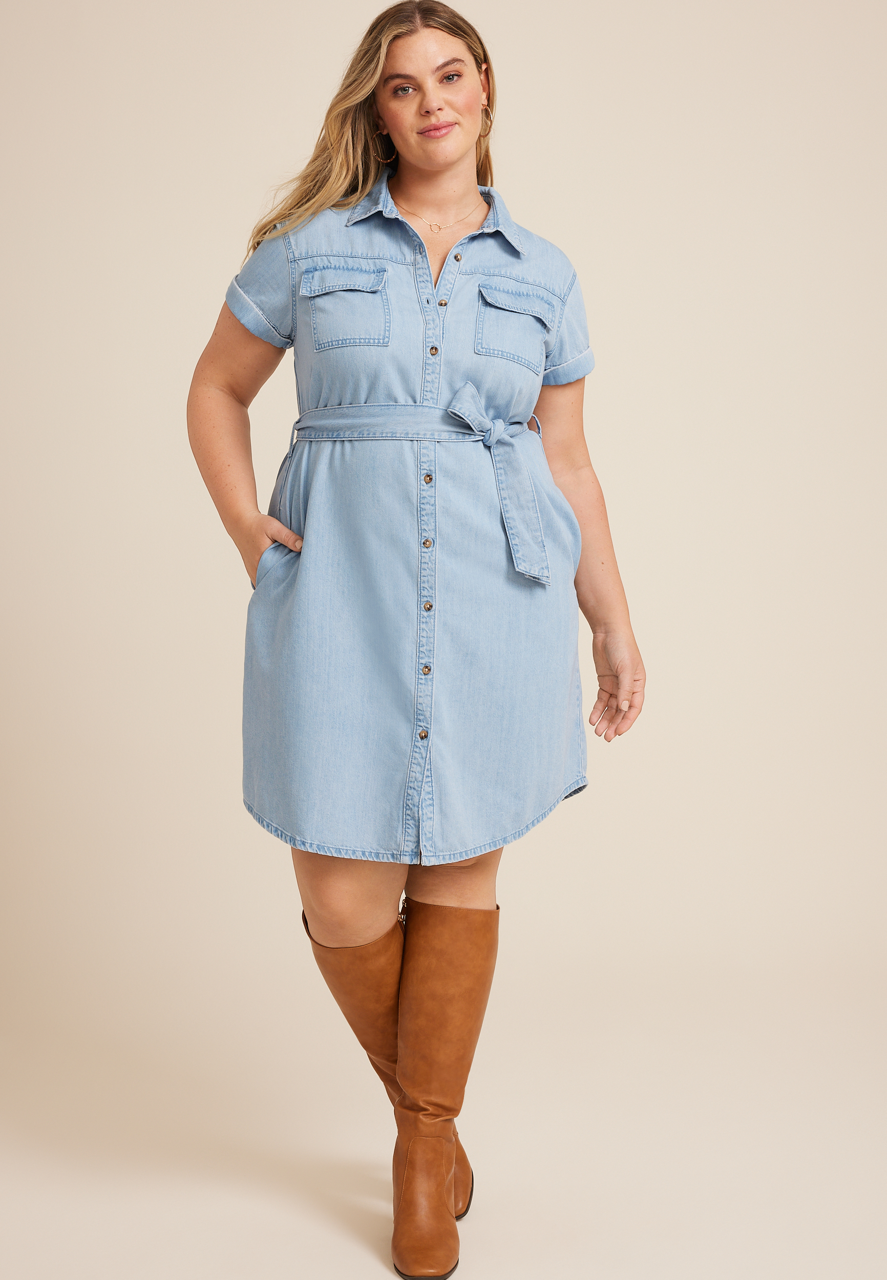 Plus Denim Tie Waist Mini Shirt Dress