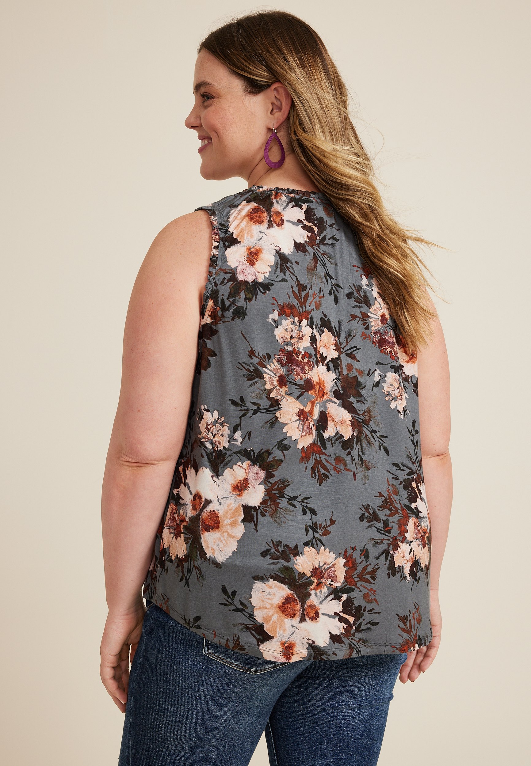 Plus Size Ruffle Trim Floral Tank Top, C1524, large